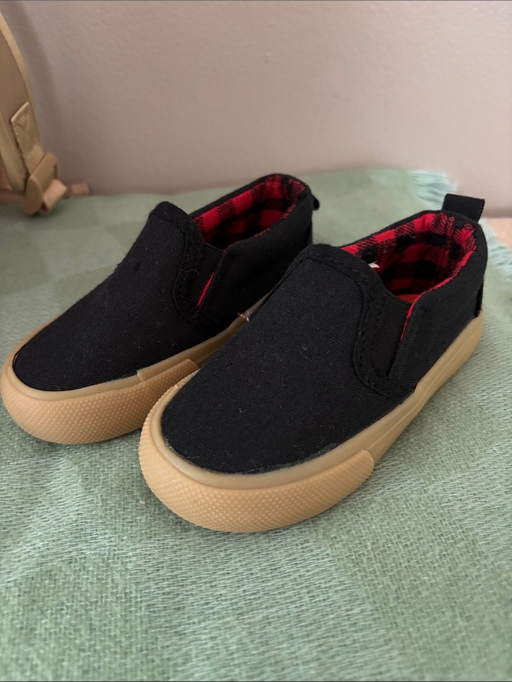 Kids Black Slip-On Canvas Dress Shoes with Red Plaid Lining
